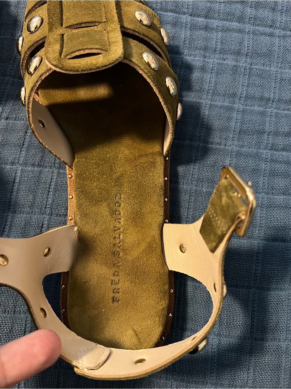 Freda Salvador: Sera Fisherman Sandal - Olive Suede w/ Gold Studs EUC - Picture 12 of 13